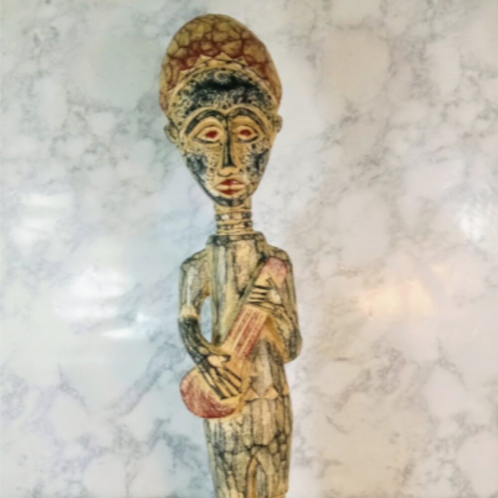 SOLD!!Vintage African Ashanti Ghanaian Wood Carved Musical Instrument Man Statue